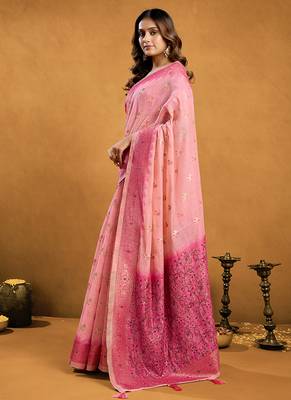 Light pink cotton blend zari woven work saree with blouse piece 2