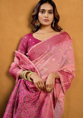 Light pink cotton blend zari woven work saree with blouse piece 4