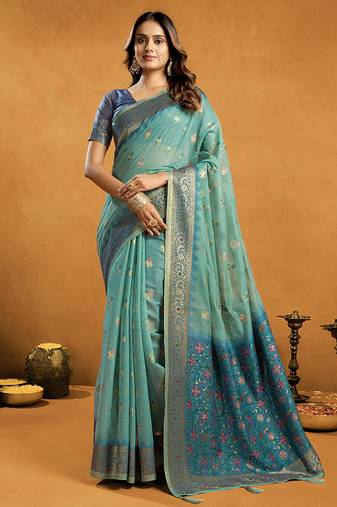 Sea green cotton blend zari woven work saree with blouse piece