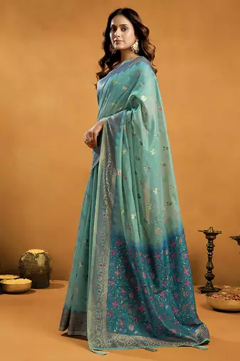 Sea green cotton blend zari woven work saree with blouse piece