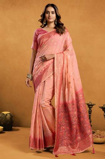 Pink cotton blend zari woven work saree with blouse piece