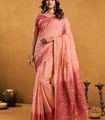 Pink cotton blend zari woven work saree with blouse piece