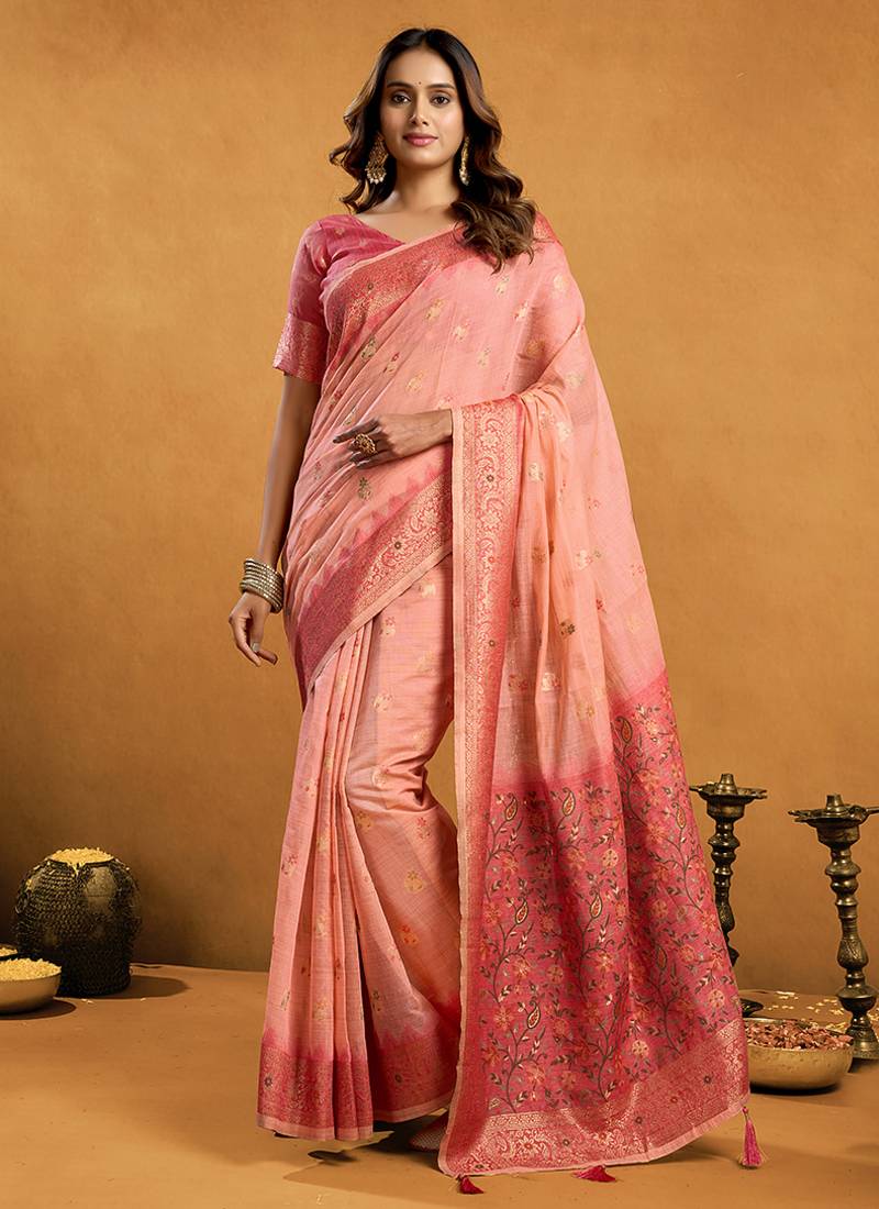 Pink cotton blend zari woven work saree with blouse piece