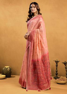 Pink cotton blend zari woven work saree with blouse piece 2