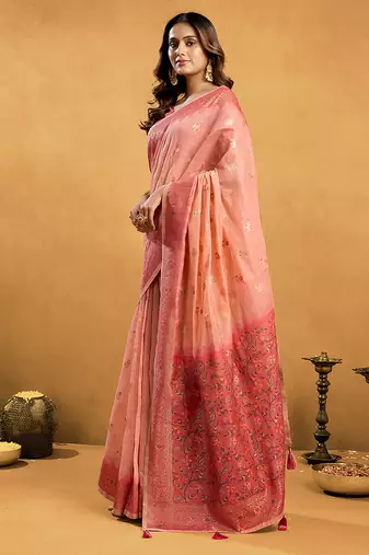 Pink cotton blend zari woven work saree with blouse piece