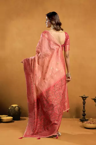 Pink cotton blend zari woven work saree with blouse piece