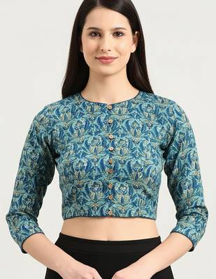 Green cotton sanganeri printed non padded blouse 2