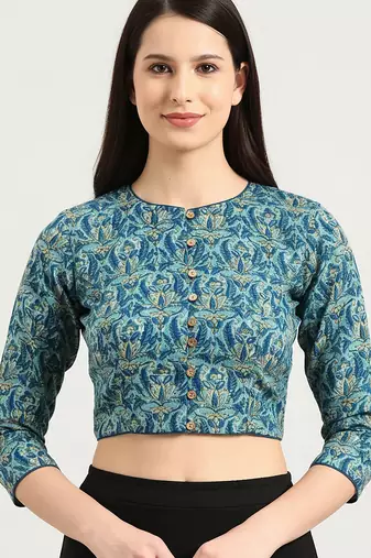 Green cotton sanganeri printed non padded blouse