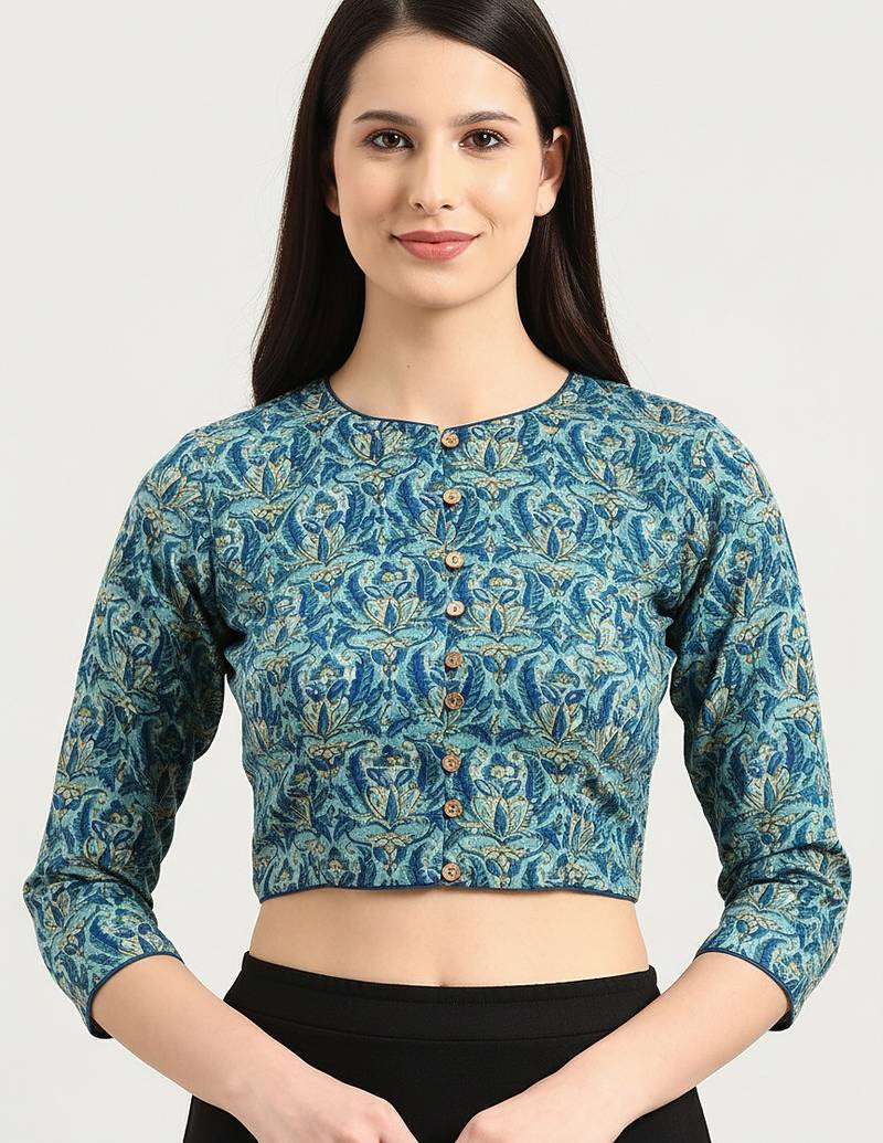 Green cotton sanganeri printed non padded blouse