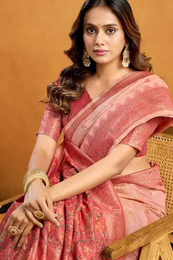 Pink cotton blend zari woven work saree with blouse piece