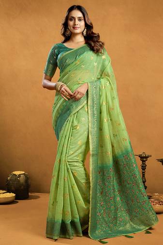 Light green cotton blend zari woven work saree with blouse piece