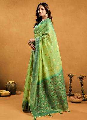 Light green cotton blend zari woven work saree with blouse piece 2
