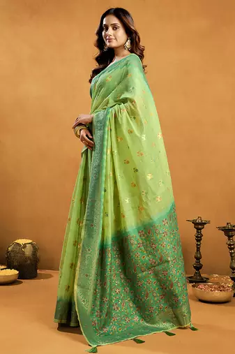 Light green cotton blend zari woven work saree with blouse piece