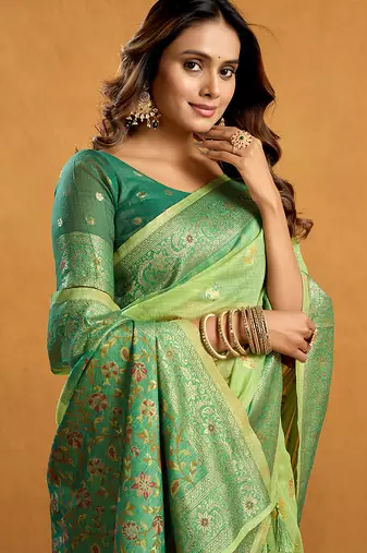 Light green cotton blend zari woven work saree with blouse piece