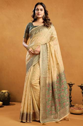 Beige cotton blend zari woven work saree with blouse piece