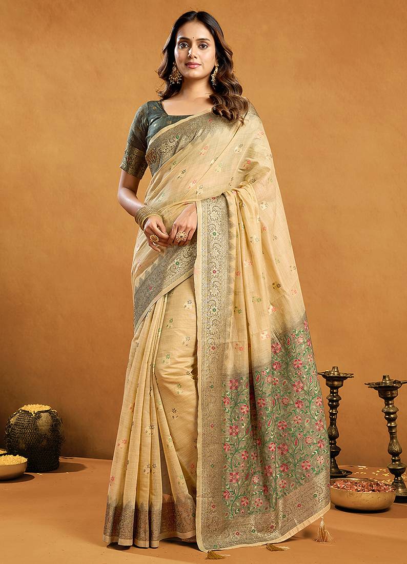 Beige cotton blend zari woven work saree with blouse piece