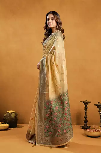 Beige cotton blend zari woven work saree with blouse piece