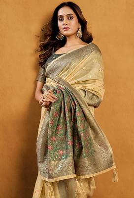 Beige cotton blend zari woven work saree with blouse piece 4