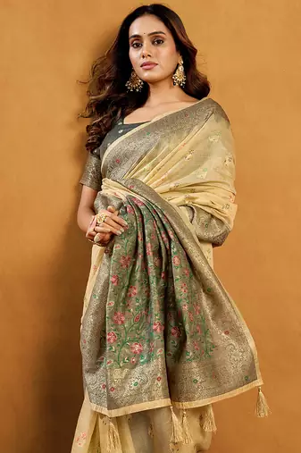 Beige cotton blend zari woven work saree with blouse piece