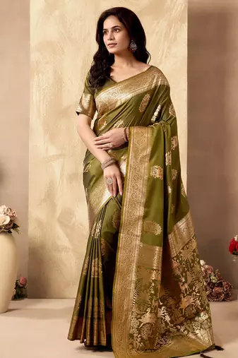 Mehendi green banarasi silk blend zari weaving saree with blouse piece