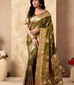 Mehendi green banarasi silk blend zari weaving saree with blouse piece