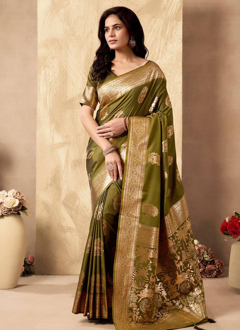 Mehendi green banarasi silk blend zari weaving saree with blouse piece
