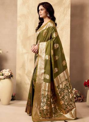 Mehendi green banarasi silk blend zari weaving saree with blouse piece 2