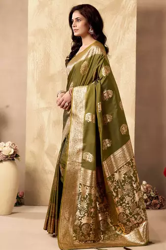 Mehendi green banarasi silk blend zari weaving saree with blouse piece