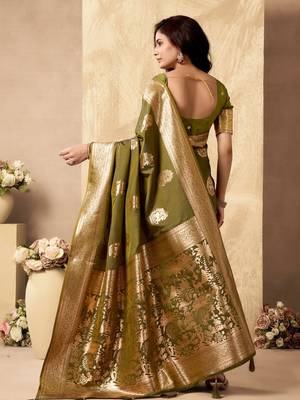 Mehendi green banarasi silk blend zari weaving saree with blouse piece 3