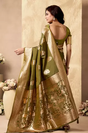 Mehendi green banarasi silk blend zari weaving saree with blouse piece