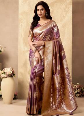 Mauve banarasi silk blend zari weaving saree with blouse piece 1