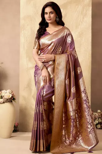 Mauve banarasi silk blend zari weaving saree with blouse piece