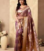 Mauve banarasi silk blend zari weaving saree with blouse piece