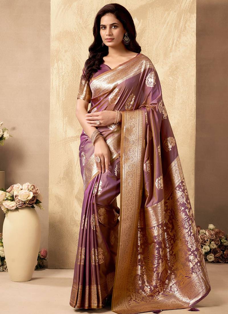 Mauve banarasi silk blend zari weaving saree with blouse piece