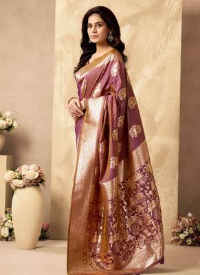 Mauve banarasi silk blend zari weaving saree with blouse piece 2