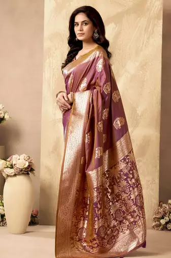 Mauve banarasi silk blend zari weaving saree with blouse piece