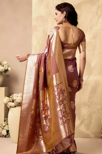 Mauve banarasi silk blend zari weaving saree with blouse piece