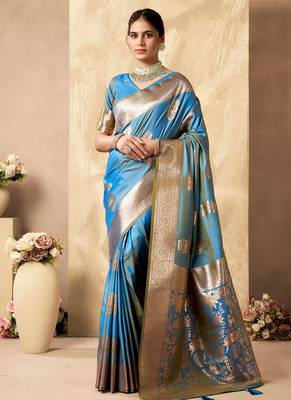 Light blue banarasi silk blend zari weaving saree with blouse piece 1