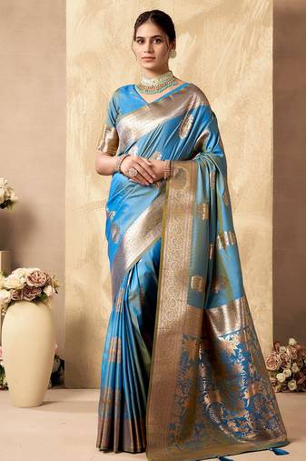 Light blue banarasi silk blend zari weaving saree with blouse piece