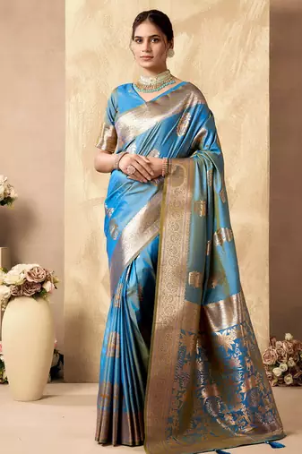 Light blue banarasi silk blend zari weaving saree with blouse piece