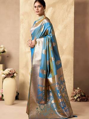 Light blue banarasi silk blend zari weaving saree with blouse piece 2