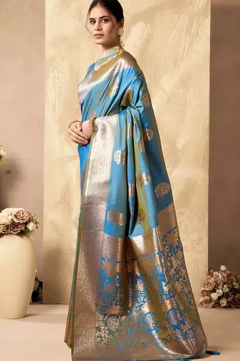 Light blue banarasi silk blend zari weaving saree with blouse piece