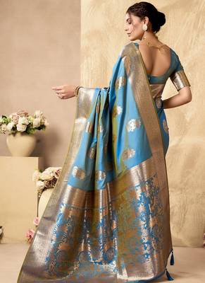 Light blue banarasi silk blend zari weaving saree with blouse piece 3