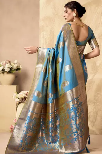 Light blue banarasi silk blend zari weaving saree with blouse piece