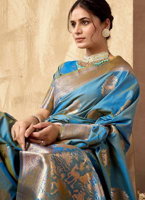 Light blue banarasi silk blend zari weaving saree with blouse piece 4
