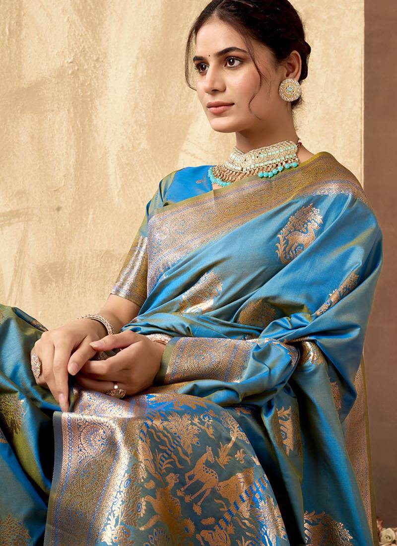 Light blue banarasi silk blend zari weaving saree with blouse piece
