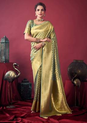 Mint green soft banarasi tissue silk blend weaving saree with blouse piece 1