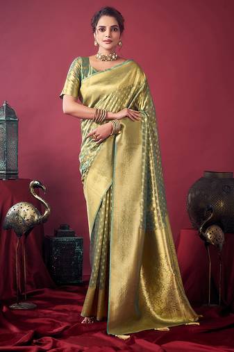 Mint green soft banarasi tissue silk blend weaving saree with blouse piece
