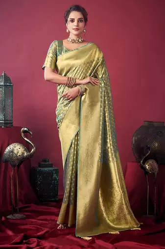 Mint green soft banarasi tissue silk blend weaving saree with blouse piece