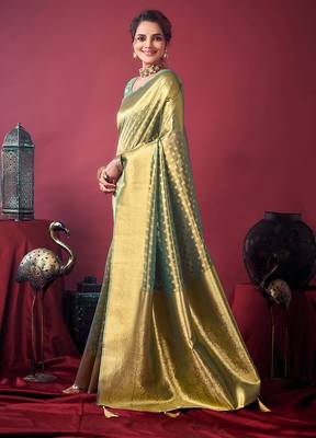 Mint green soft banarasi tissue silk blend weaving saree with blouse piece 2